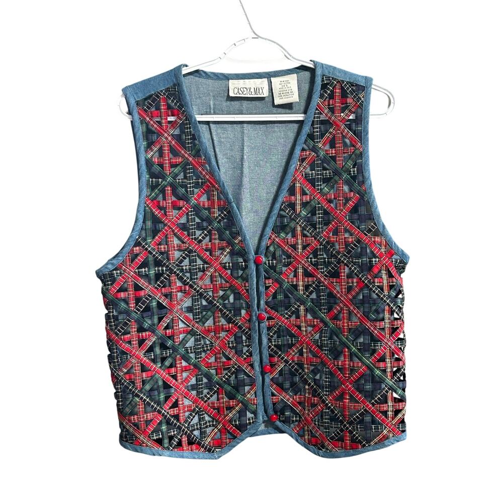 Vintage 90s Casey & Max Large Plaid Lattice Denim Vest Cottagecore Grannycore
